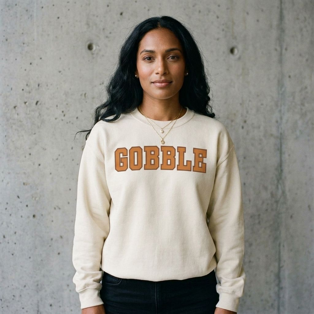 Model wearing Gobble Thanksgiving Crewneck Sweatshirt against a cement wall