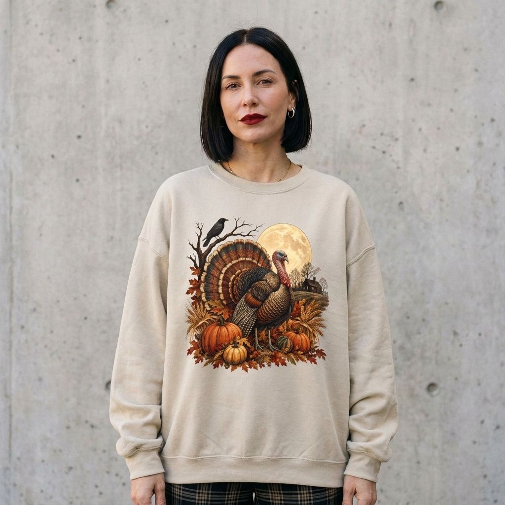 Model wearing Vintage Thanksgiving Turkey Pumpkin Sweatshirt against a cement wall