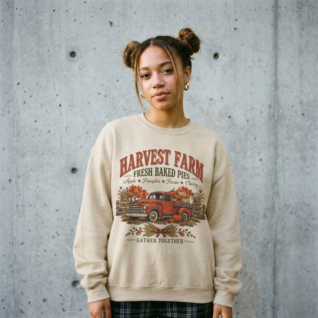 Model wearing Harvest Farm Fresh Baked Pies Vintage Truck Sweatshirt against a cement wall