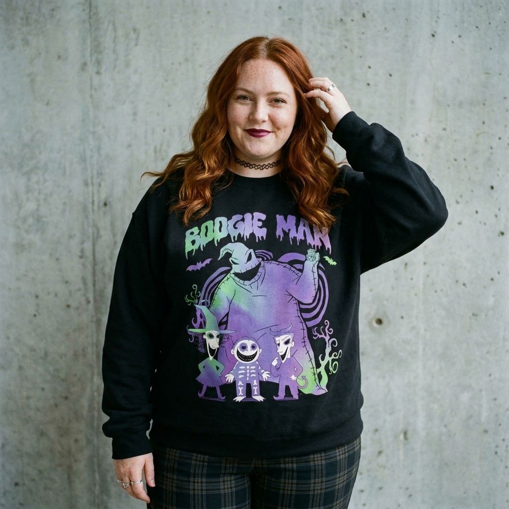 Model wearing Boogie Man Halloween Crewneck Sweatshirt against a cement wall