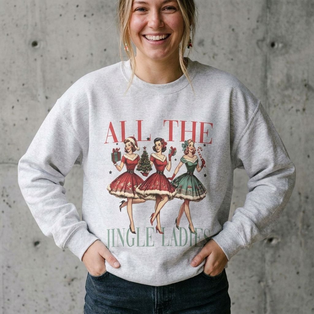 Model wearing All the Jingle Ladies Christmas Crewneck Sweatshirt against a cement wall