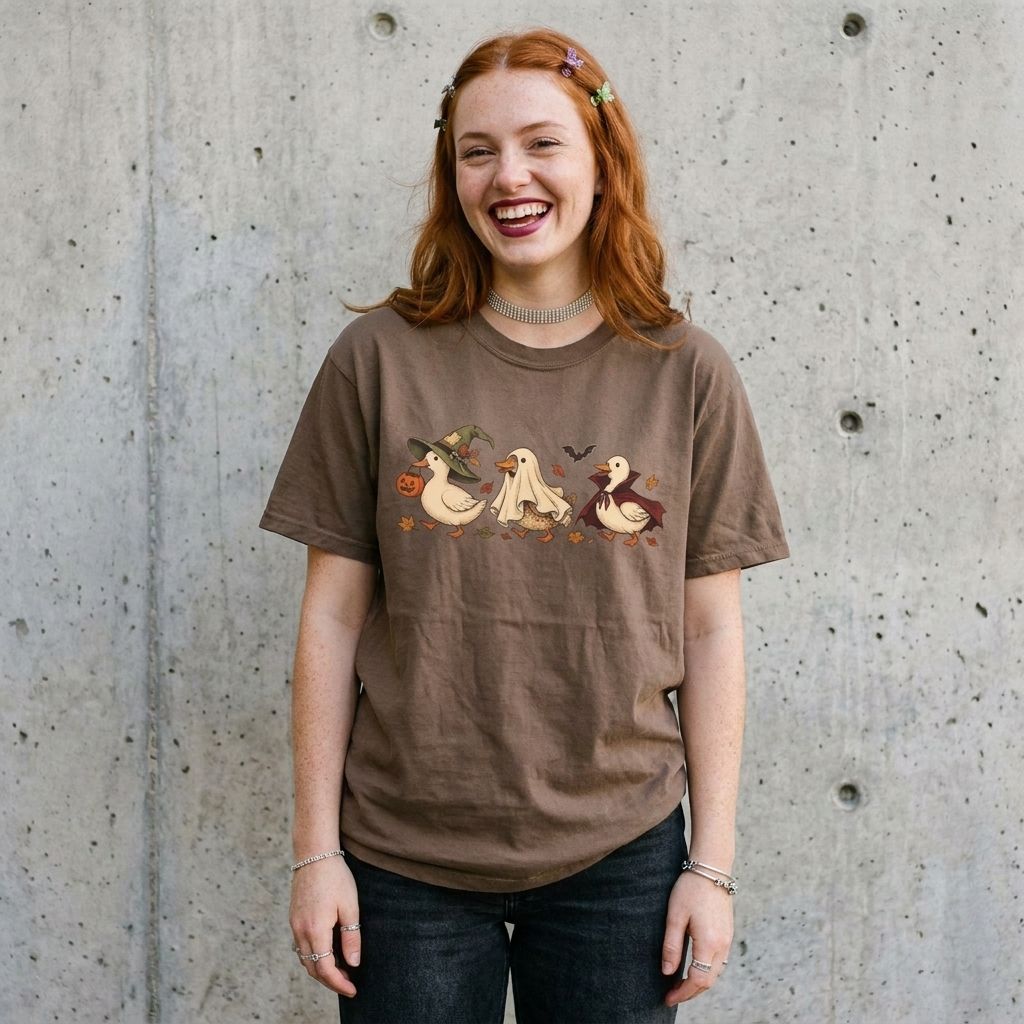Model wearing Halloween Ducks Tee against a cement wall