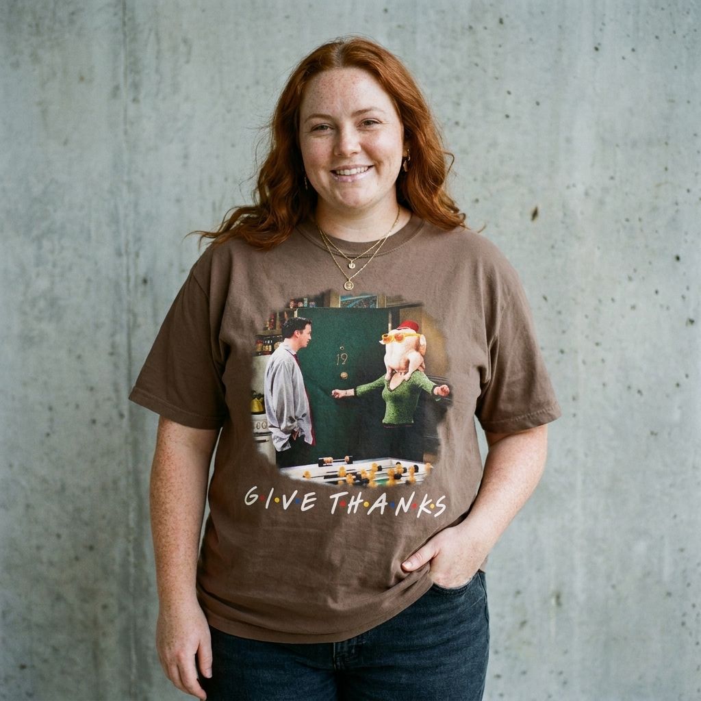 Model wearing Give Thanks FRIENDS Thanksgiving Tee against a cement wall