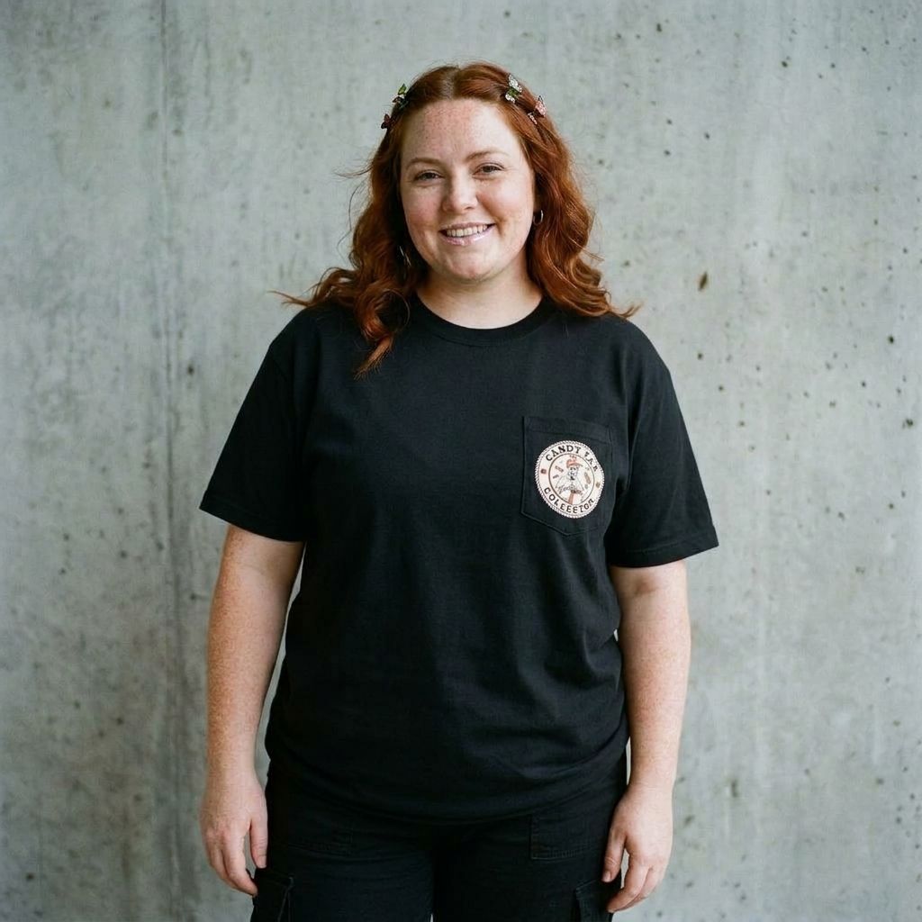 Model wearing Candy Tax Collector Patch Design Tee against a cement wall