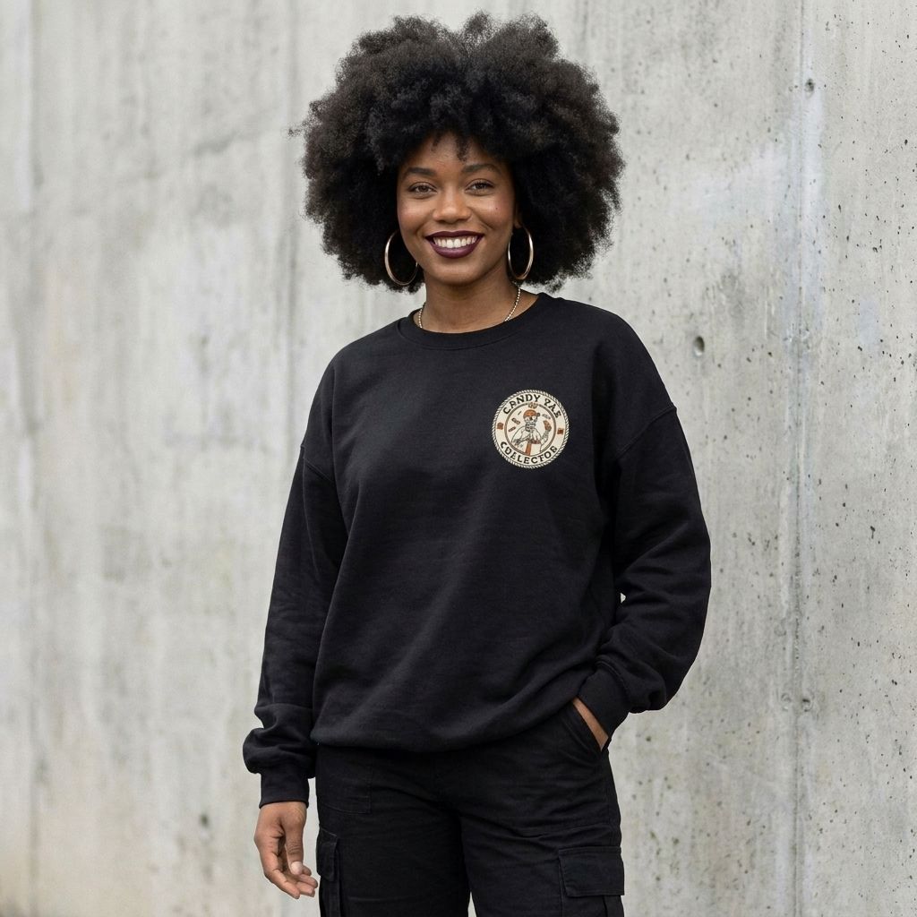 Model wearing Candy Tax Collector Sweatshirt against a cement wall