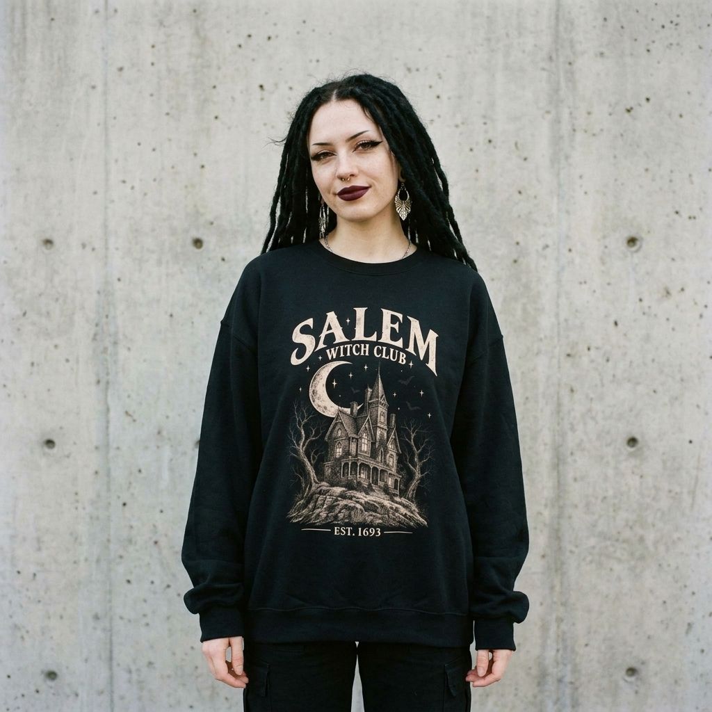 Model wearing Salem Witch Club Haunted House Crewneck Sweatshirt against a cement wall