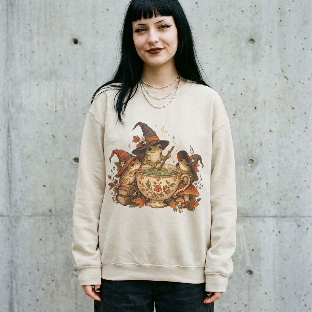 Model wearing Cozy Witch Frog Tea Crewneck Sweatshirt against a cement wall