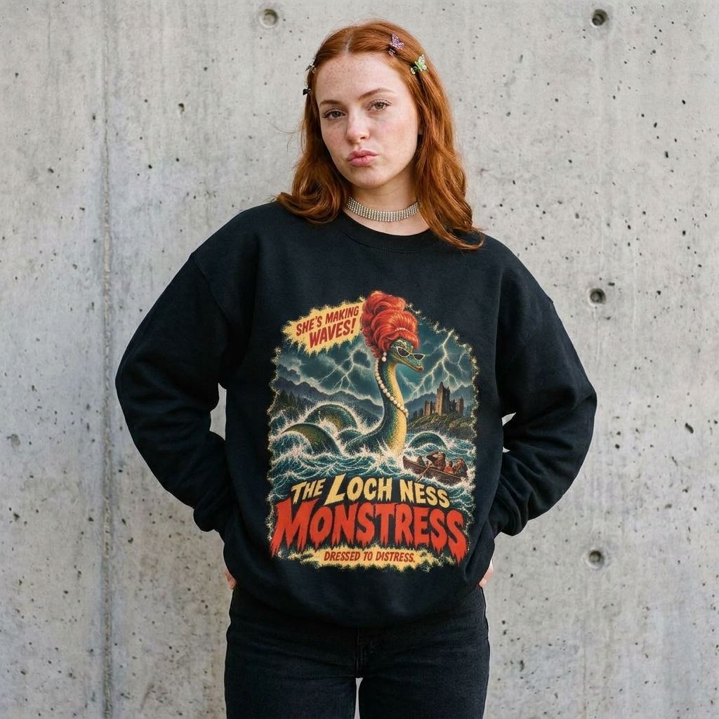 Model wearing Loch Ness Monstress Sweatshirt against a cement wall