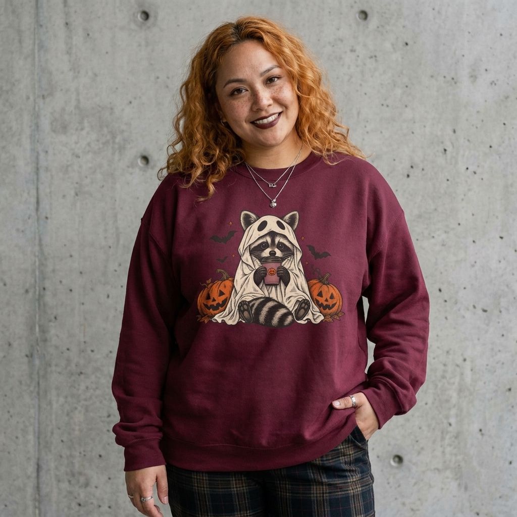 Model wearing Halloween Raccoon Ghost Sweatshirt against a cement wall