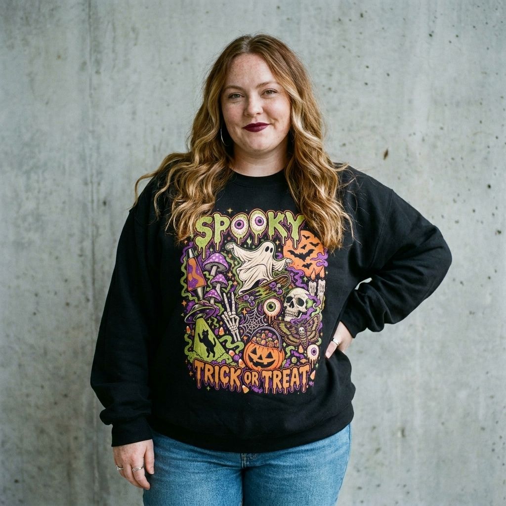 Model wearing Halloween Spooky Trick or Treat Sweatshirt against a cement wall