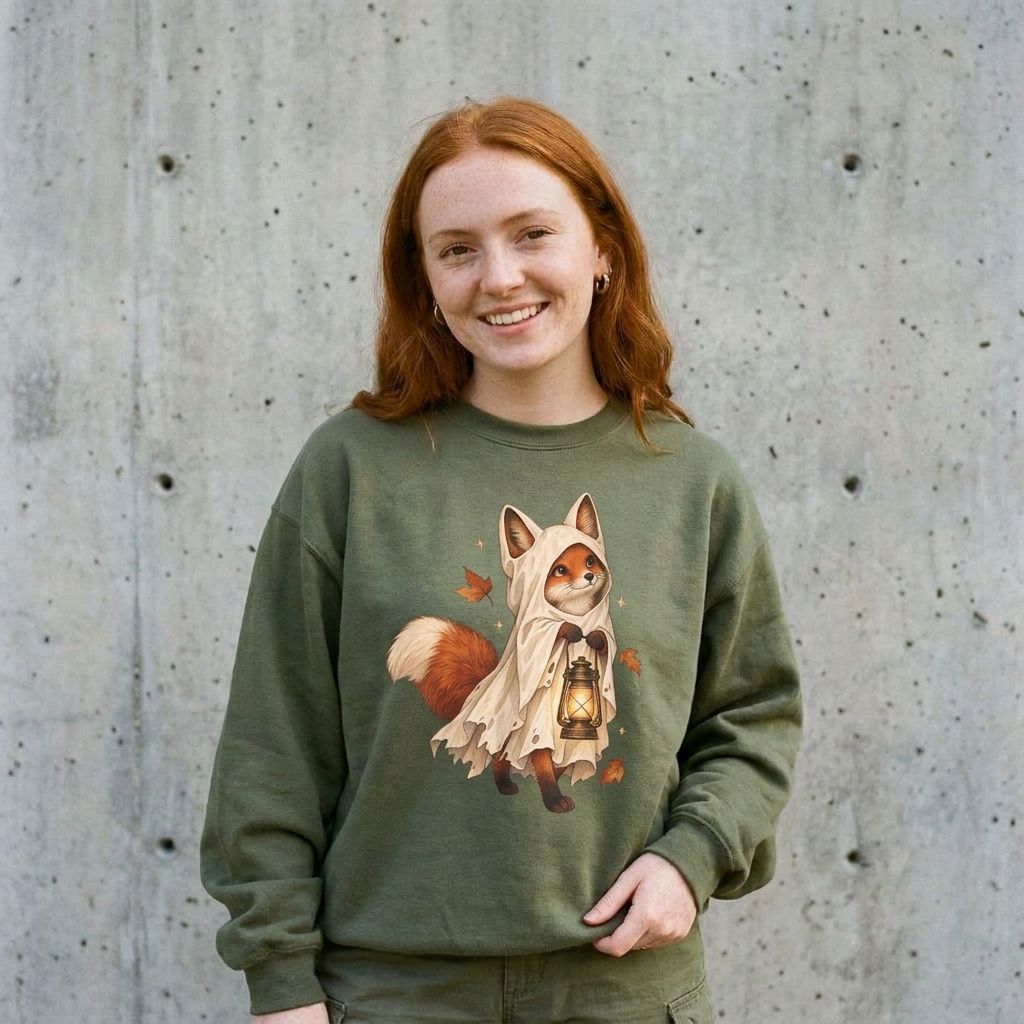 Model wearing Autumn Lantern Fox Crewneck Sweatshirt against a cement wall