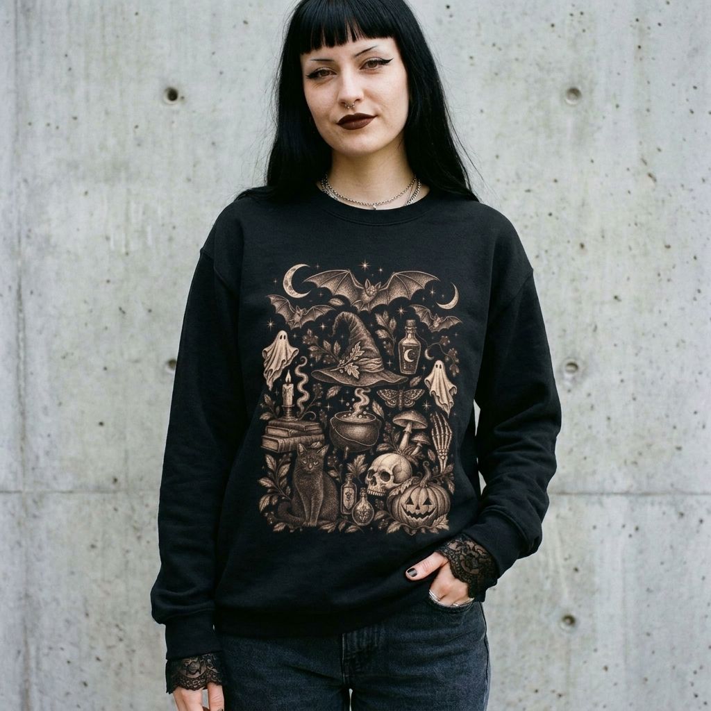 Model wearing Witch Cauldron Halloween Sweatshirt against a cement wall