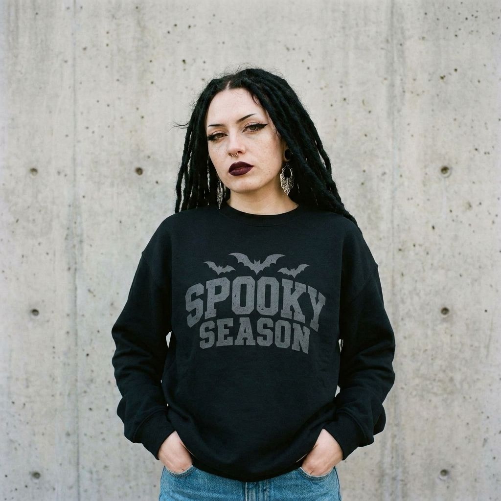 Model wearing Spooky Season Sweatshirt against a cement wall