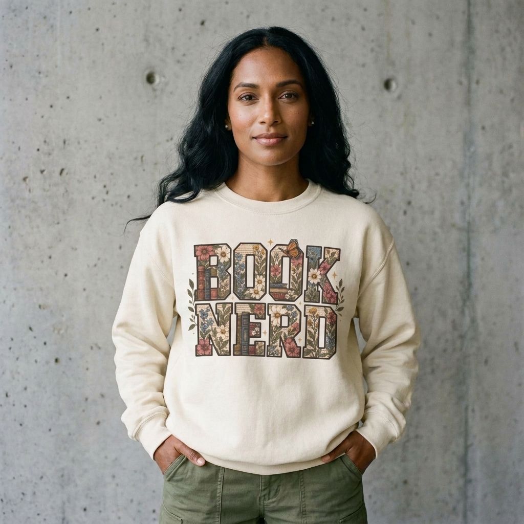 Model wearing Book Nerd Floral Crewneck Sweatshirt against a cement wall