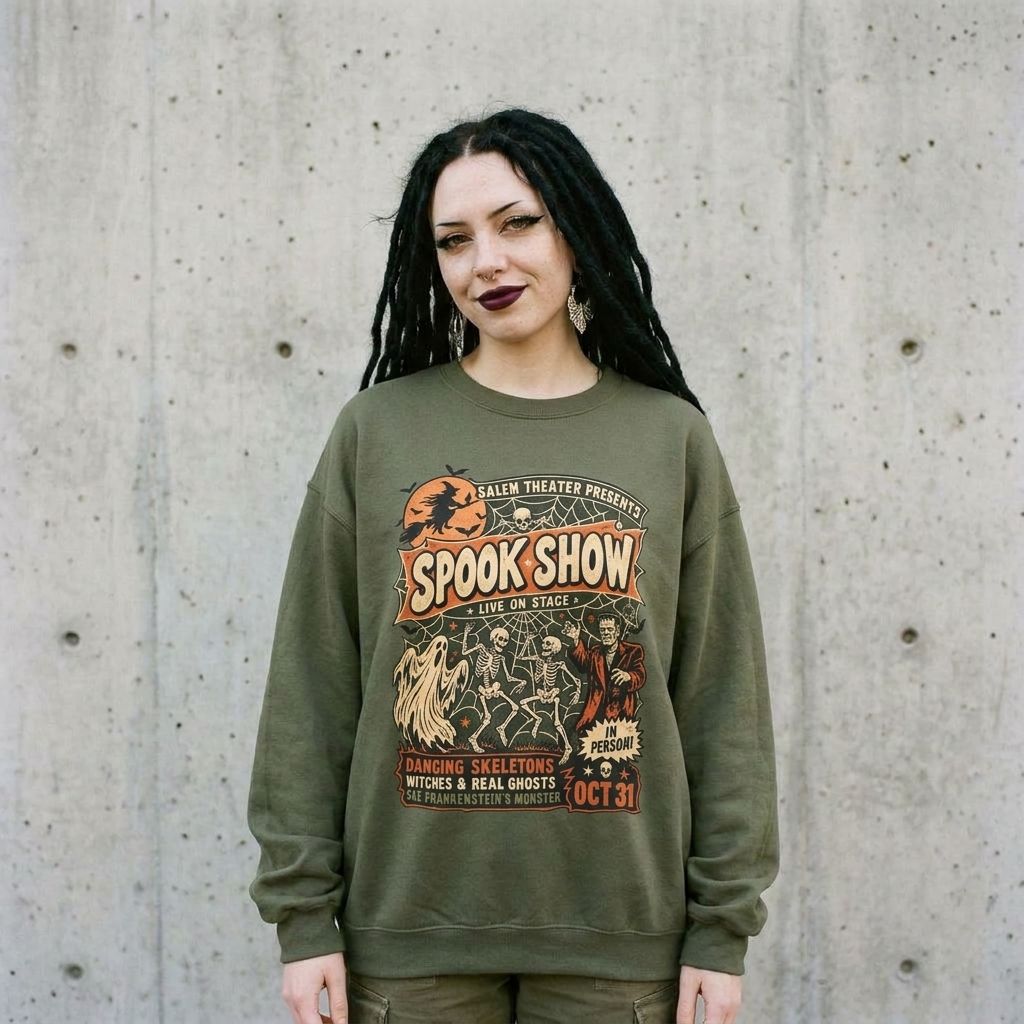 Model wearing Spook Show Halloween Sweatshirt against a cement wall