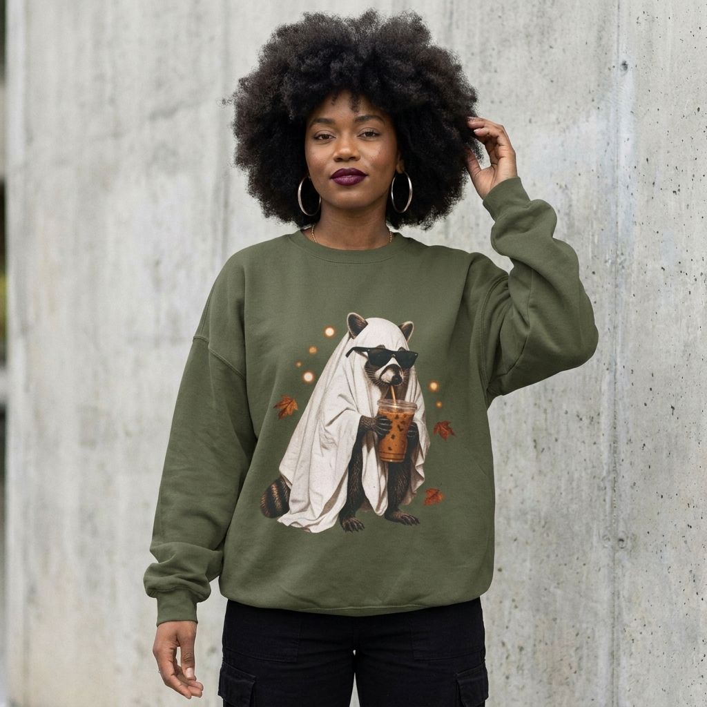 Model wearing Raccoon Ghost Halloween Sweatshirt against a cement wall