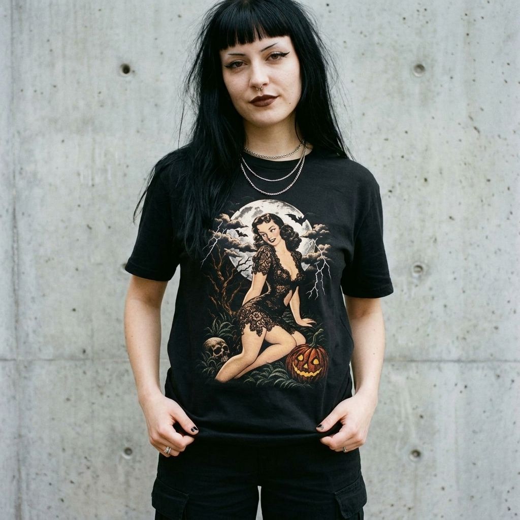Model wearing Vintage Pin-Up Witch Tee against a cement wall