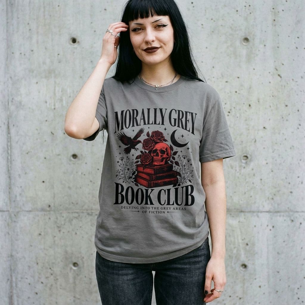 Model wearing Bookish Gothic Tee against a cement wall