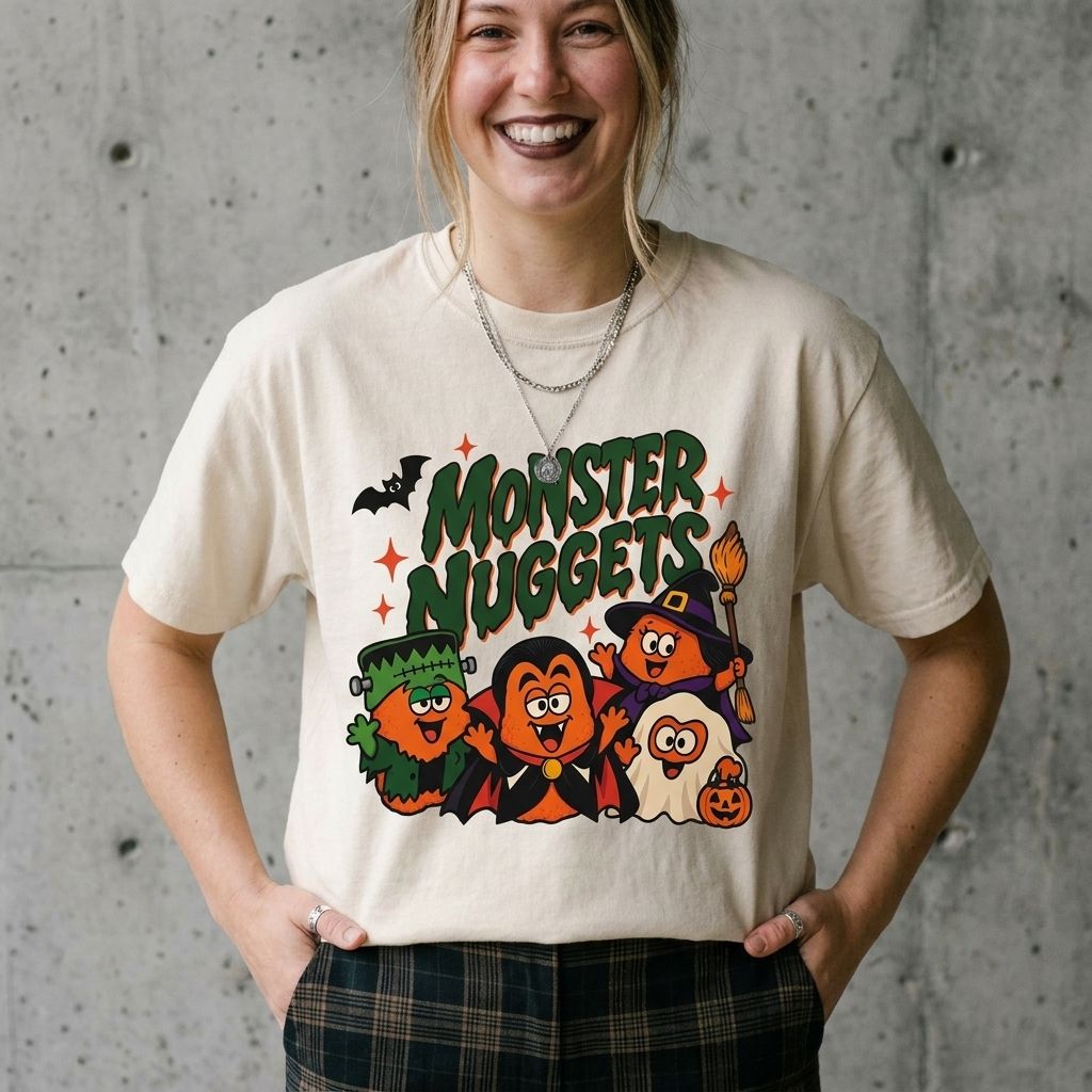 Model wearing Monster Nuggets Halloween Tee against a cement wall