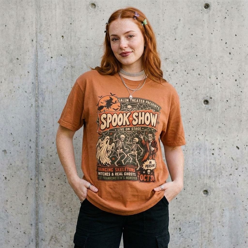Model wearing Vintage Spook Show Halloween Tee against a cement wall