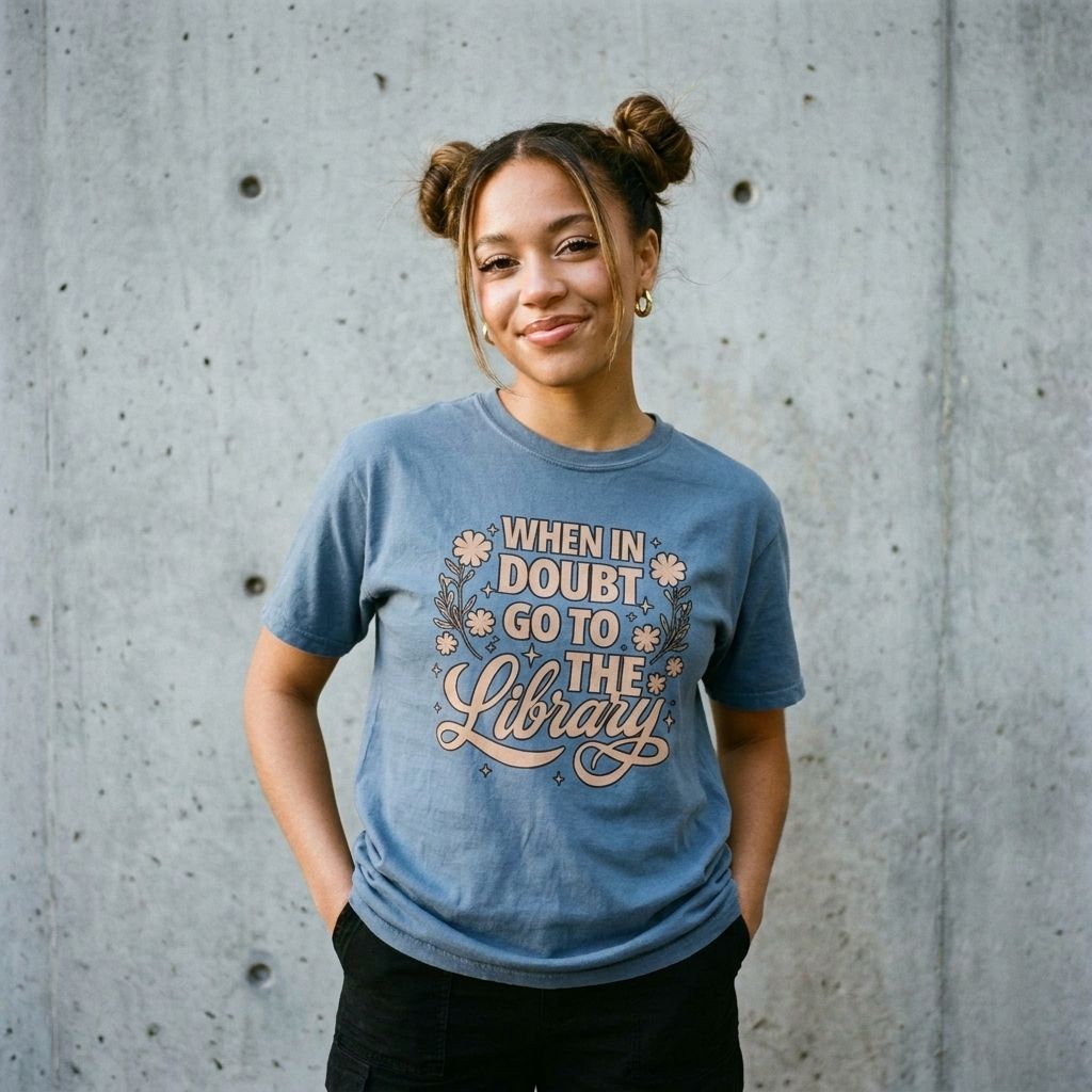Model wearing Retro Library Book Lover Tee against a cement wall