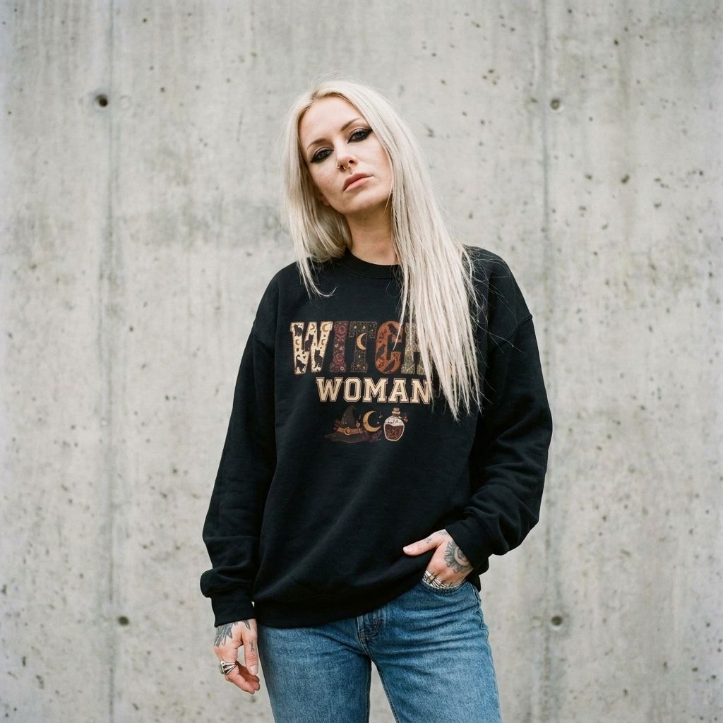 Model wearing Witchy Woman Crewneck Sweatshirt against a cement wall