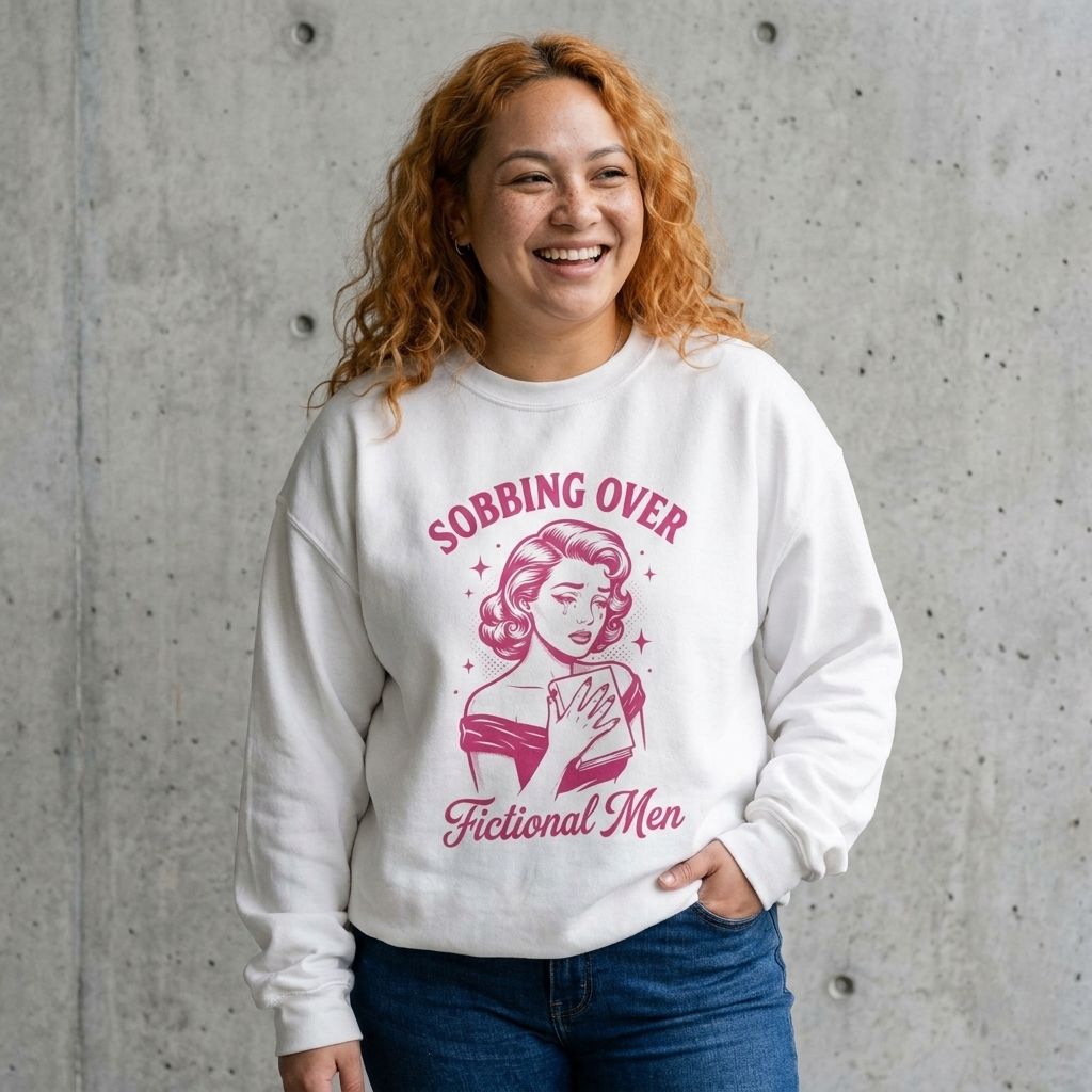 Model wearing Sobbing Over Fictional Men Crewneck Sweatshirt against a cement wall