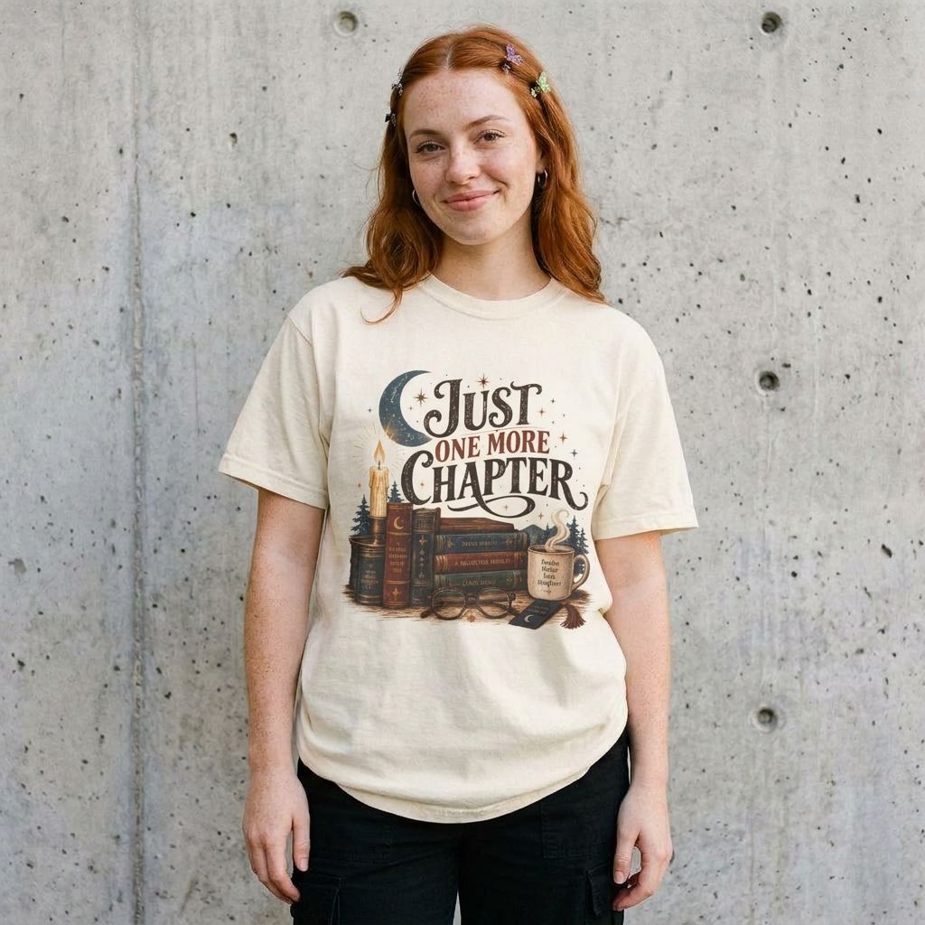 Model wearing Just One More Chapter Graphic Tee against a cement wall