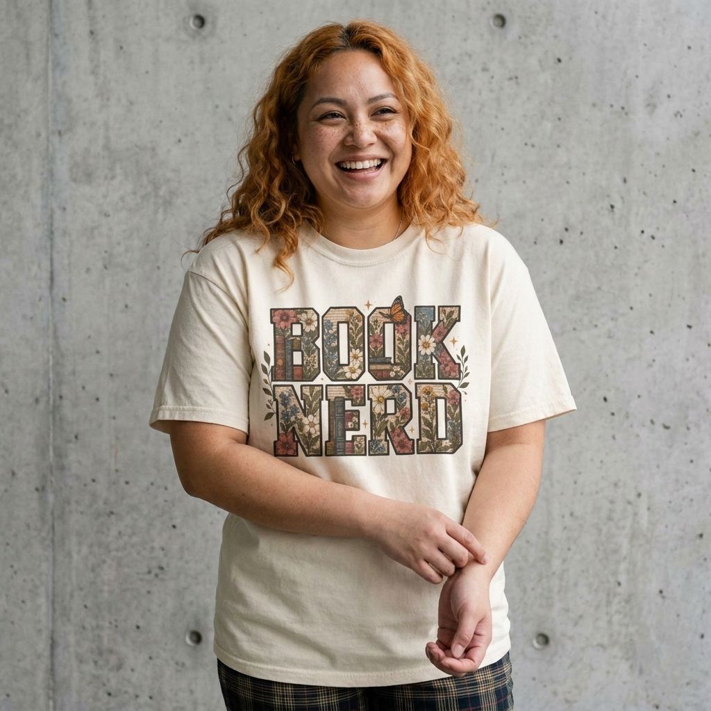 Model wearing Floral "Book Nerd" Graphic Tee against a cement wall