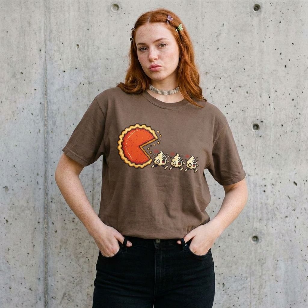 Model wearing Retro Pixel Pumpkin Pie Pac-Man Tee against a cement wall