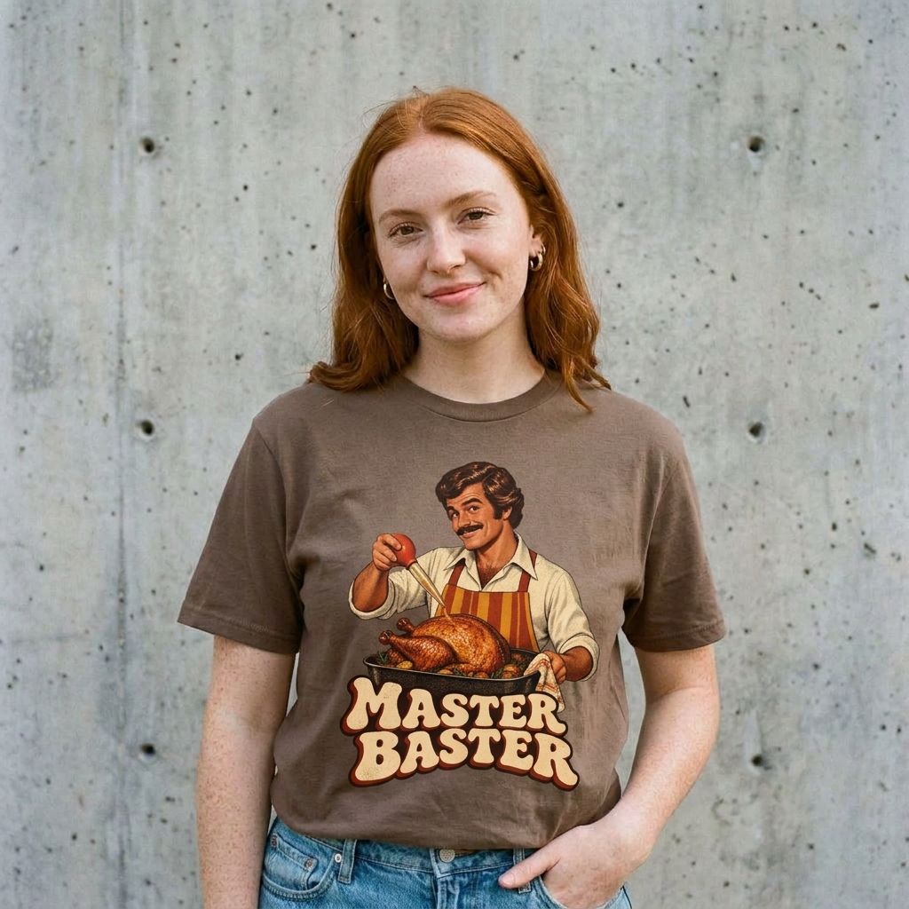 Model wearing Master Baster Thanksgiving Tee against a cement wall