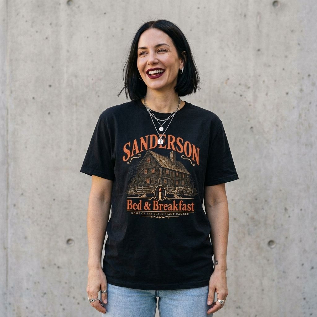 Model wearing Sanderson Bed & Breakfast Tee against a cement wall