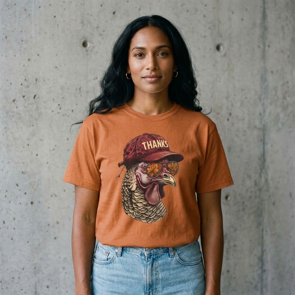 Model wearing Cool Turkey Thanksgiving Tee against a cement wall