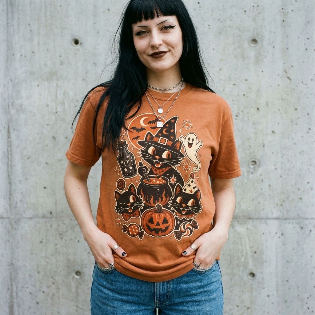 Model wearing Witchy Cat Halloween Tee against a cement wall