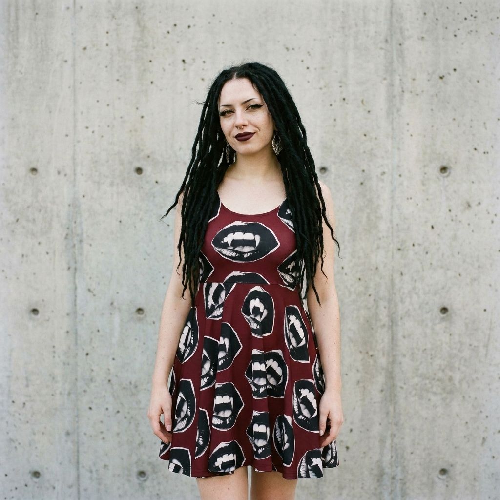 Model wearing Vampire Fangs Skater Dress against a cement wall