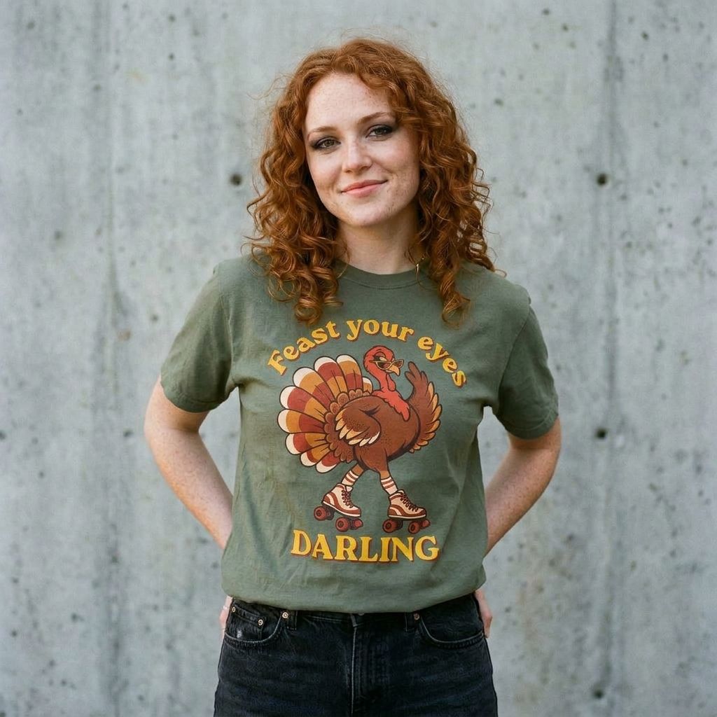 Model wearing Thanksgiving Feast Your Eyes Tee against a cement wall