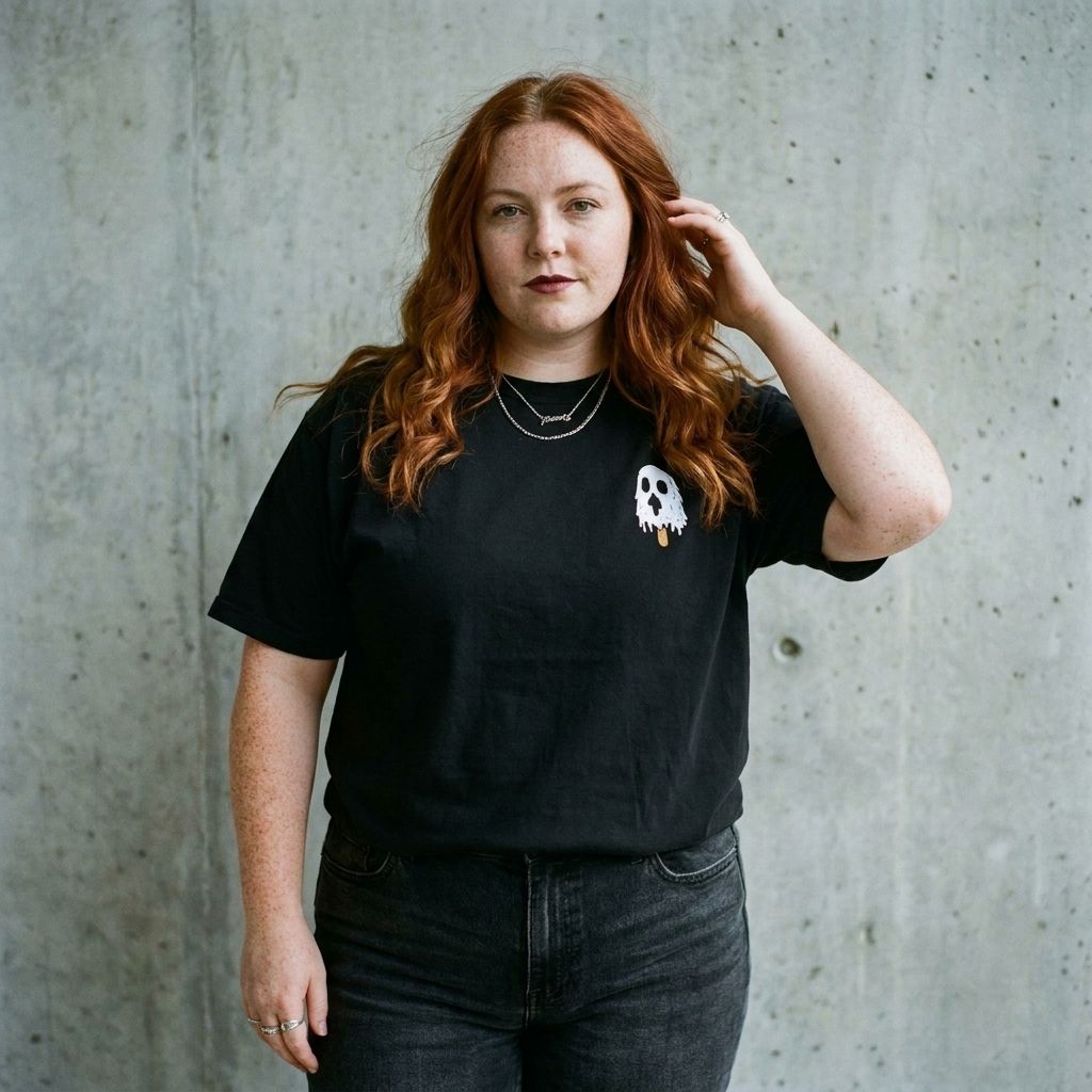 Model wearing Ghost Popsicle Graphic Tee against a cement wall