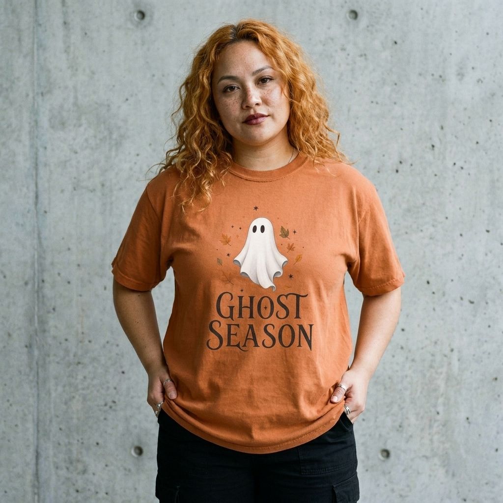 Model wearing Ghost Season Tee against a cement wall