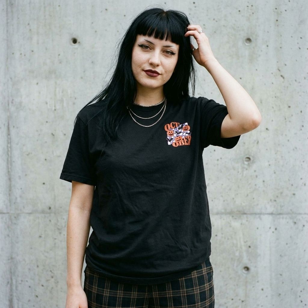 Model wearing Embroidered Retro October Halloween Tee against a cement wall