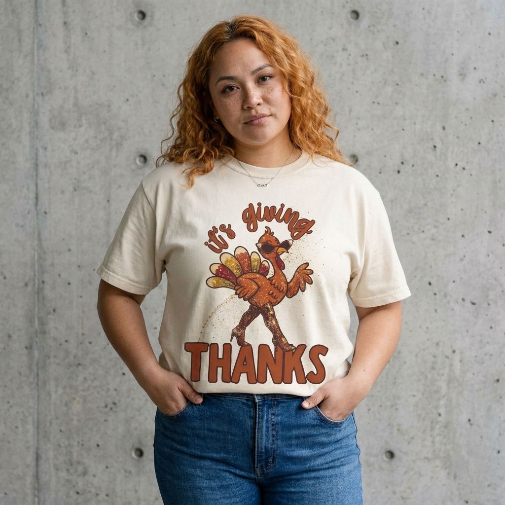 Model wearing Thanksgiving Sassy Turkey Tee against a cement wall