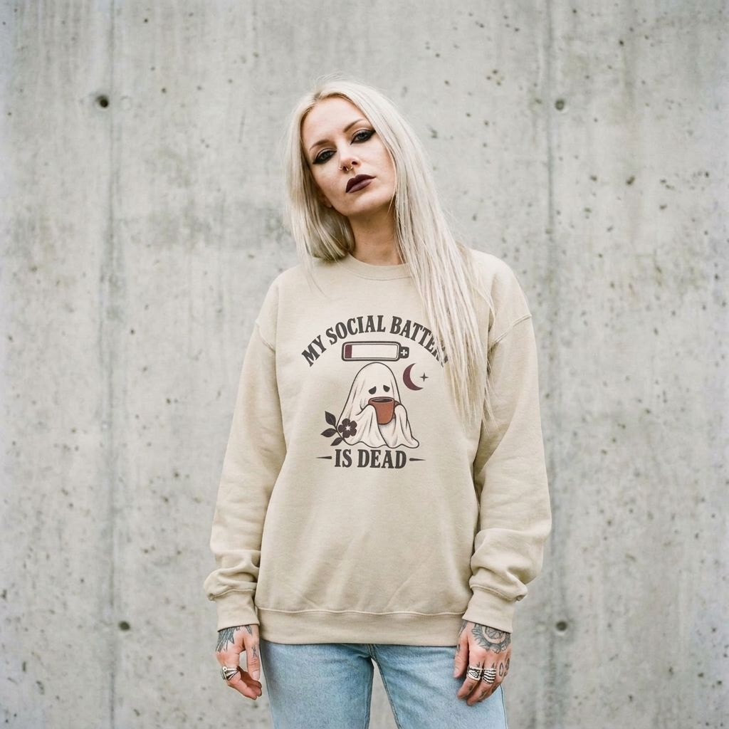 Model wearing My Social Battery Is Dead Ghost Sweatshirt against a cement wall