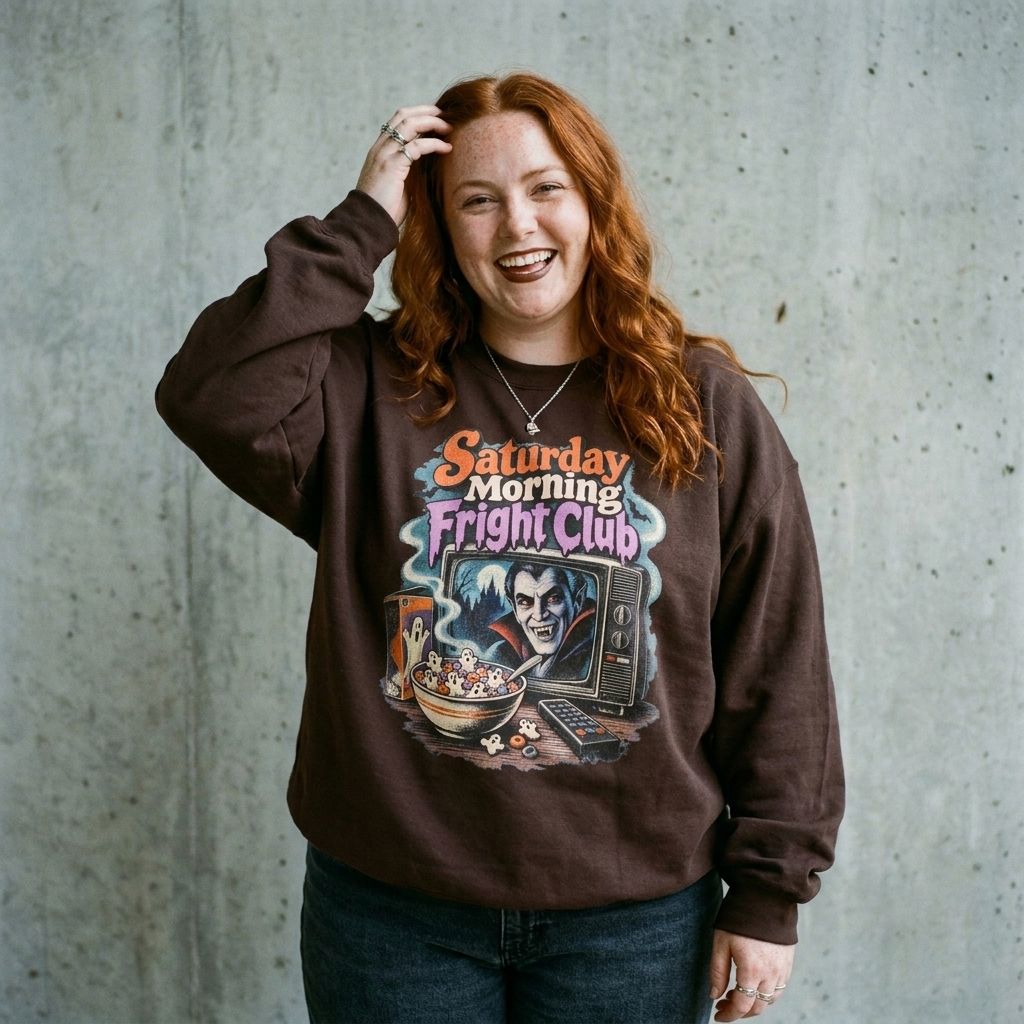 Model wearing Saturday Morning Fright Club Crewneck Sweatshirt against a cement wall