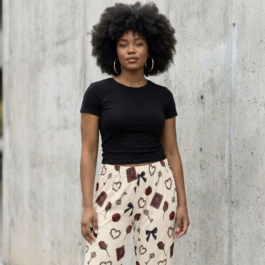 Model wearing Valentine Romance Pajama Pants against a cement wall