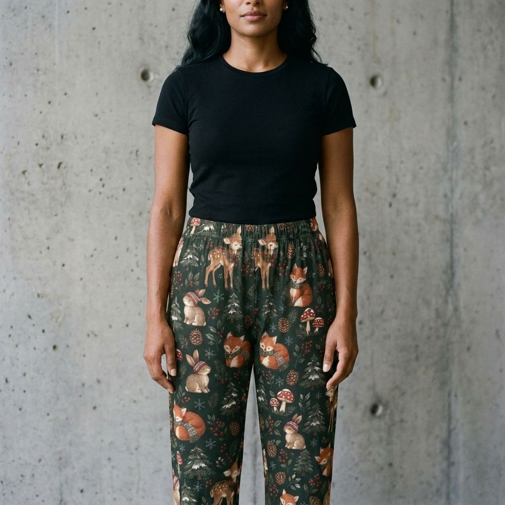 Model wearing Women's Woodland Pajama Pants against a cement wall