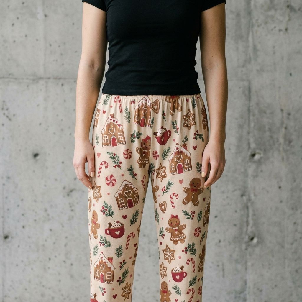 Model wearing Women's Gingerbread Pajama Pants against a cement wall