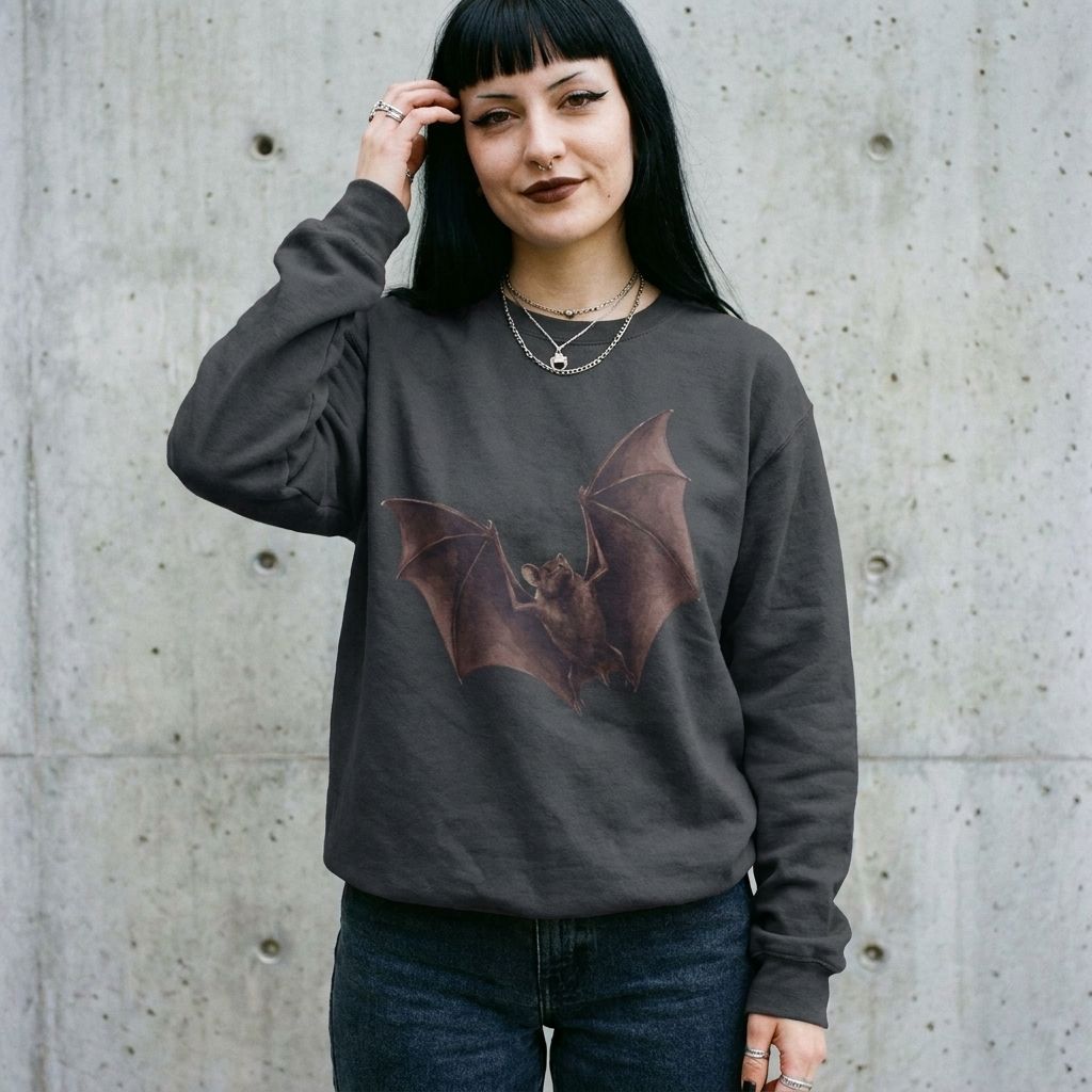 Model wearing Flying Bat Sweatshirt against a cement wall