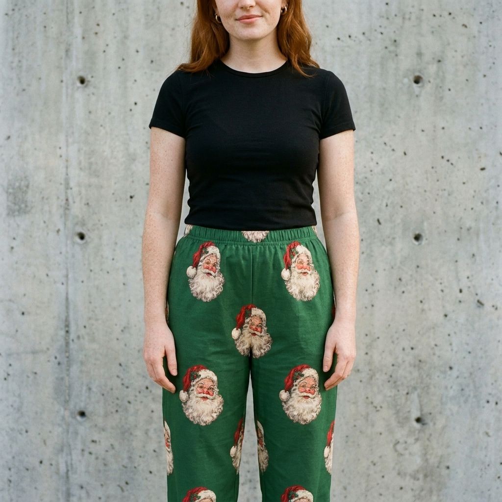 Model wearing Women's Vintage Santa Pajama Pants against a cement wall