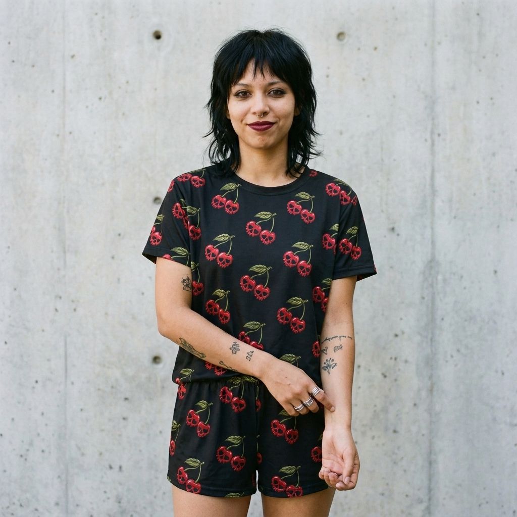 Model wearing Cherry Skull Print Women’s Short Pajama Set against a cement wall
