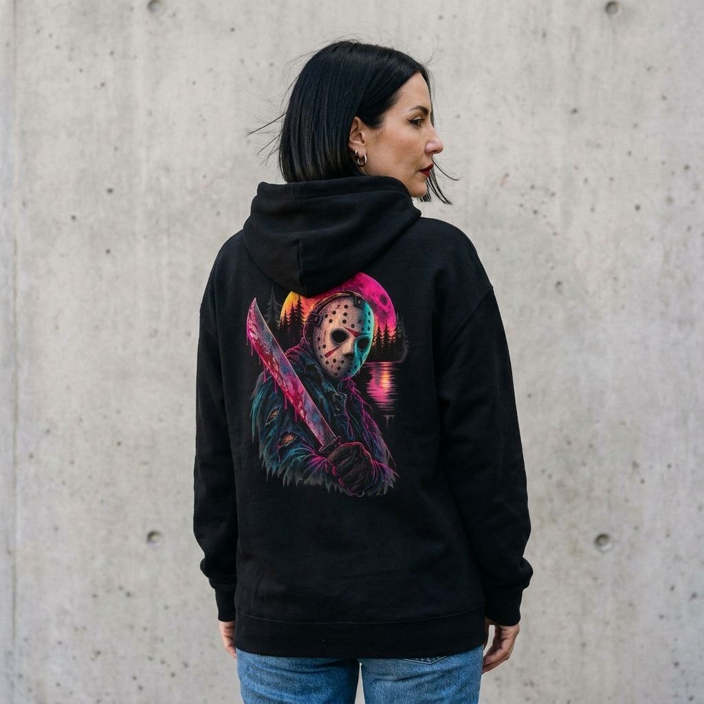 Back view of model wearing Jason Voorhees Neon Synthwave Hoodie against a cement wall