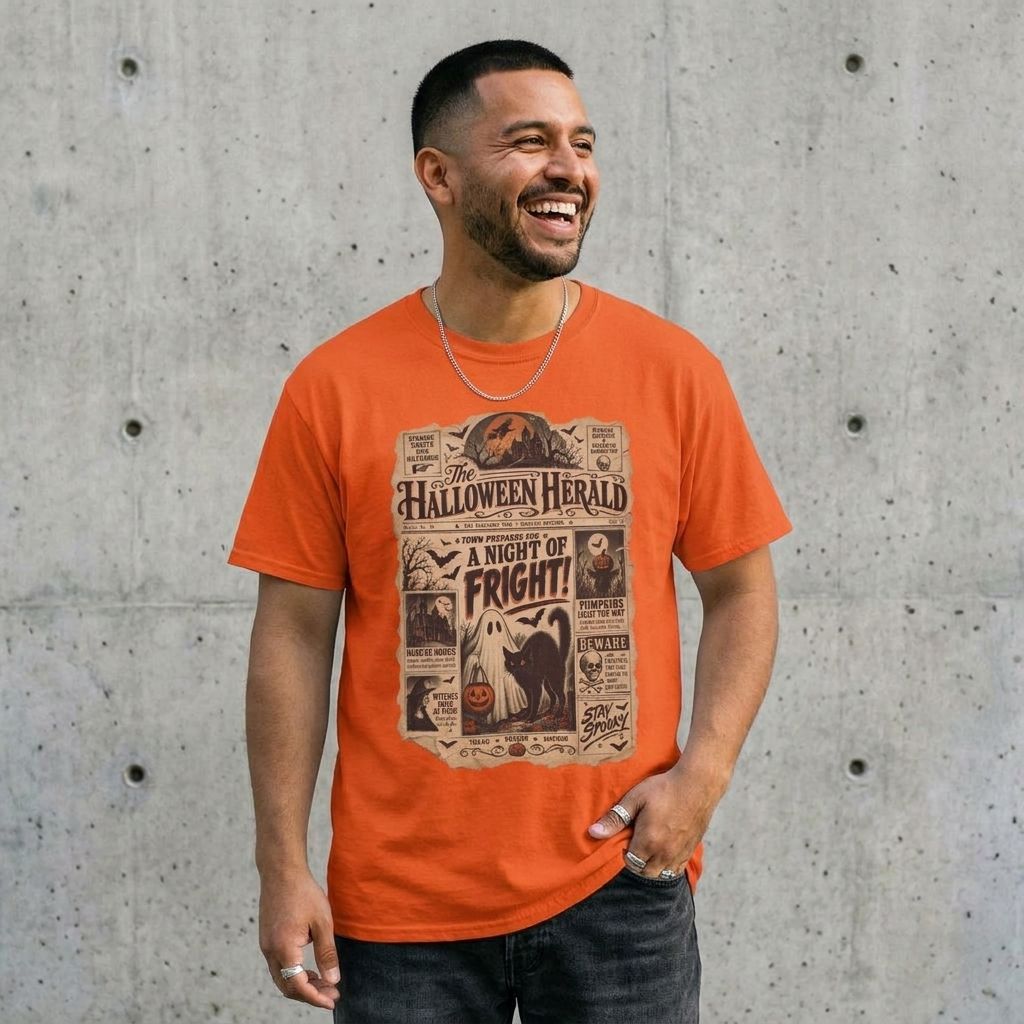Model wearing Halloween Herald Vintage Newspaper Tee against a cement wall